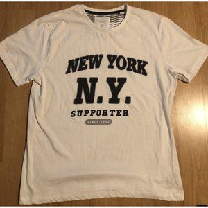 Denim & Flower Mens T-Shirt By Ricky Singh Size Large White New York Print